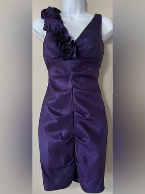 Xscape Petite Purple One Shoulder Cocktail Dress Ruffle Rosette Satin 4P